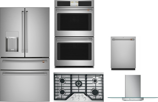 Cafe 5 Piece Kitchen Appliances Package with French Door Refrigerator and Dishwasher in Stainless Steel CAFRECTWODWRH83