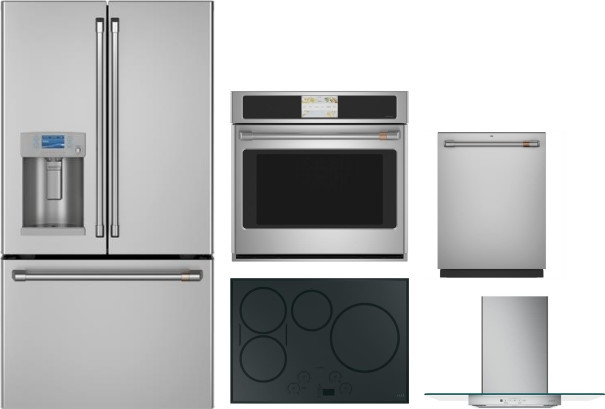 Cafe 5 Piece Kitchen Appliances Package with French Door Refrigerator and Dishwasher in Stainless Steel CAFRECTWODWRH92