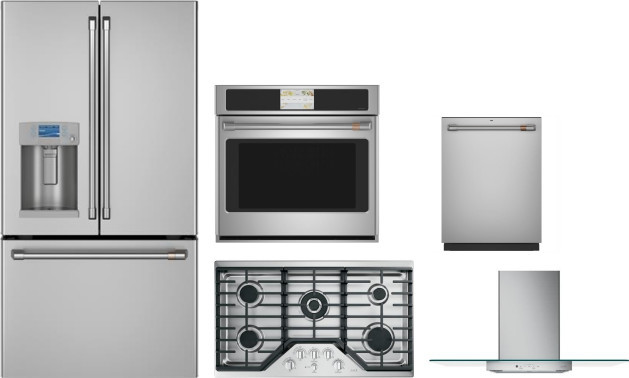 Cafe 5 Piece Kitchen Appliances Package with French Door Refrigerator and Dishwasher in Stainless Steel CAFRECTWODWRH95