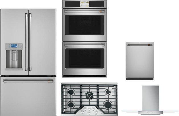 Cafe 5 Piece Kitchen Appliances Package with French Door Refrigerator and Dishwasher in Stainless Steel CAFRECTWODWRH101