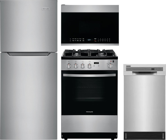 Frigidaire 4 Piece Kitchen Appliances Package with Top Freezer Refrigerator, Gas Range, Dishwasher and Over the Range Microwave in Brushed Stainless S