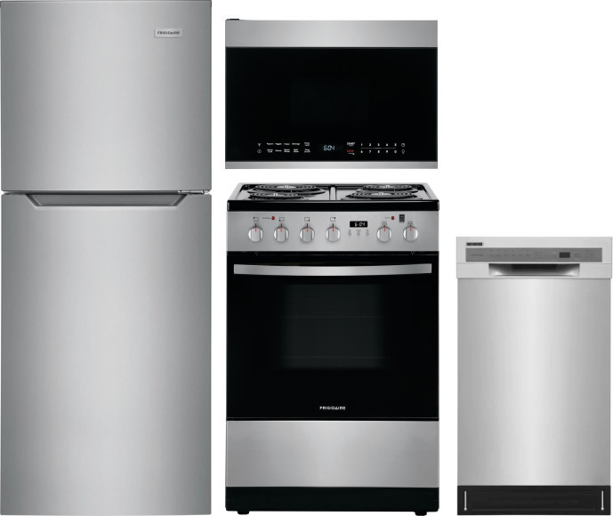 Frigidaire 4 Piece Kitchen Appliances Package with Top Freezer Refrigerator, Electric Range, Dishwasher and Over the Range Microwave in Brushed Stainl