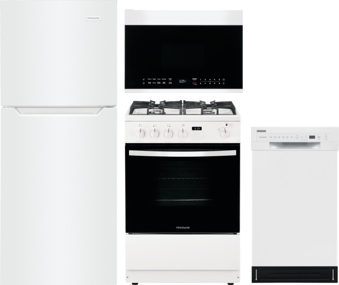 Frigidaire 4 Piece Kitchen Appliances Package with Top Freezer Refrigerator, Gas Range, Dishwasher and Over the Range Microwave in White FRRERADWMW300