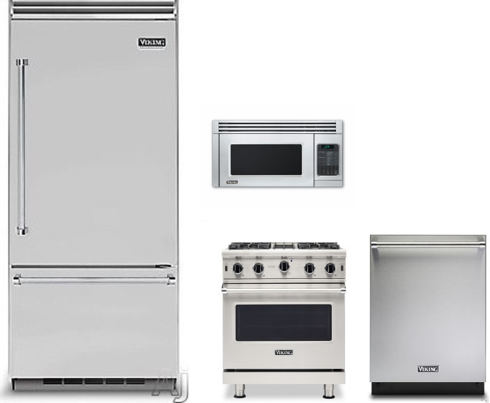 Viking 5 4 Piece Kitchen Appliances Package with Bottom Freezer Refrigerator, Gas Range, Dishwasher and Over the Range Microwave in Stainless Steel VI