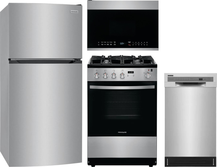 Frigidaire 4 Piece Kitchen Appliances Package with Top Freezer Refrigerator, Gas Range, Dishwasher and Over the Range Microwave in Brushed Stainless S