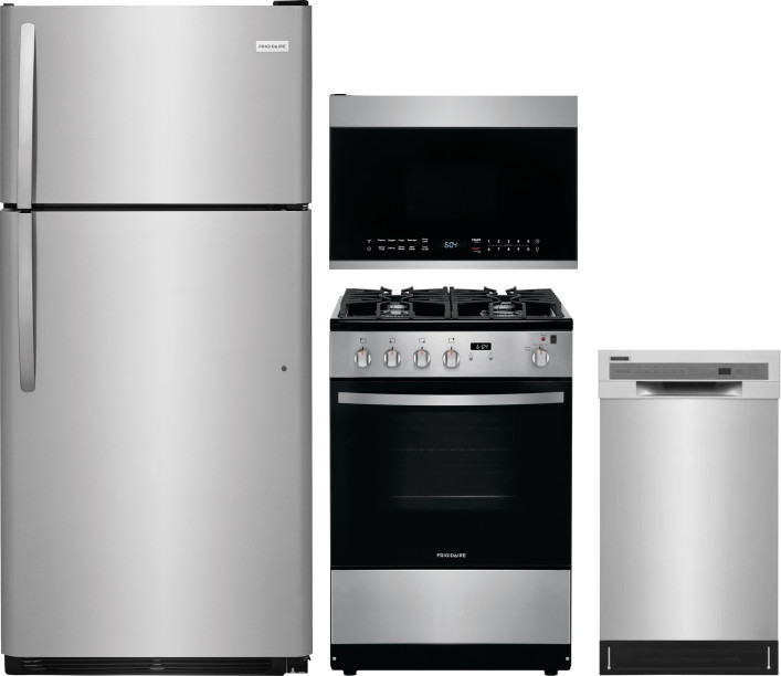 Frigidaire 4 Piece Kitchen Appliances Package with Top Freezer Refrigerator, Gas Range, Dishwasher and Over the Range Microwave in Stainless Steel FRR