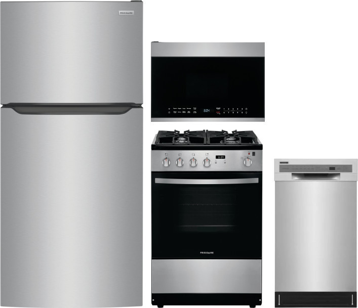 Frigidaire 4 Piece Kitchen Appliances Package with Top Freezer Refrigerator, Gas Range, Dishwasher and Over the Range Microwave in Stainless Steel FRR