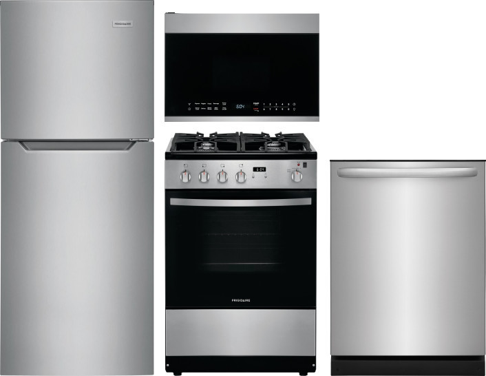 Frigidaire 4 Piece Kitchen Appliances Package with Top Freezer Refrigerator, Gas Range, Dishwasher and Over the Range Microwave in Brushed Stainless S