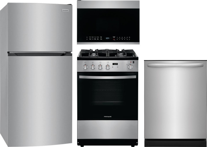 Frigidaire 4 Piece Kitchen Appliances Package with Top Freezer Refrigerator, Gas Range, Dishwasher and Over the Range Microwave in Brushed Stainless S
