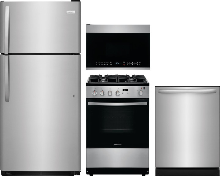 Frigidaire 4 Piece Kitchen Appliances Package with Top Freezer Refrigerator, Gas Range, Dishwasher and Over the Range Microwave in Stainless Steel FRR -  FRRERADWMW12015