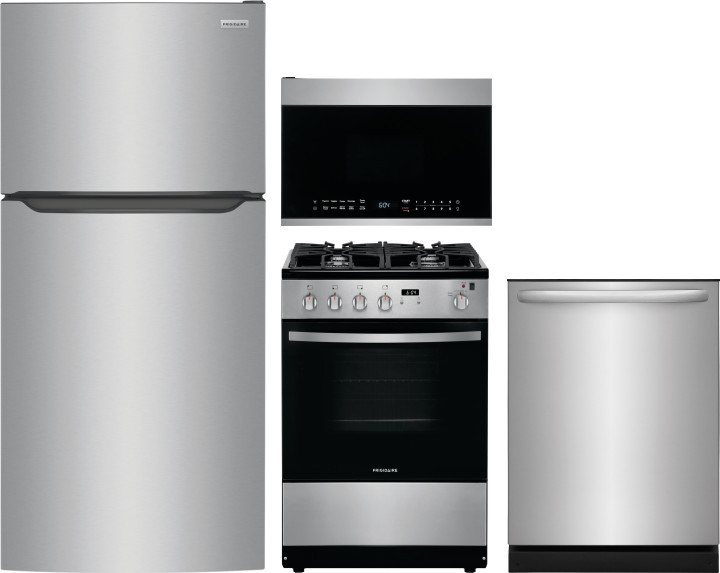 Frigidaire 4 Piece Kitchen Appliances Package with Top Freezer Refrigerator, Gas Range, Dishwasher and Over the Range Microwave in Stainless Steel FRR