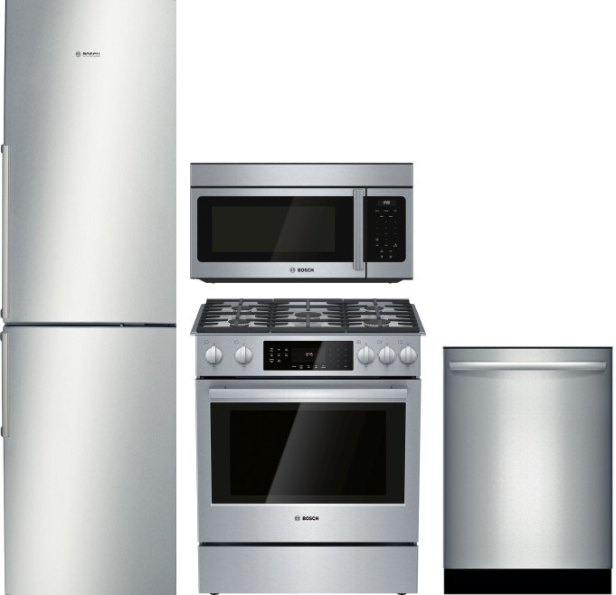Bosch 500 4 Piece Kitchen Appliances Package with Bottom Freezer Refrigerator, Gas Range, Dishwasher and Over the Range Microwave in Stainless Steel B