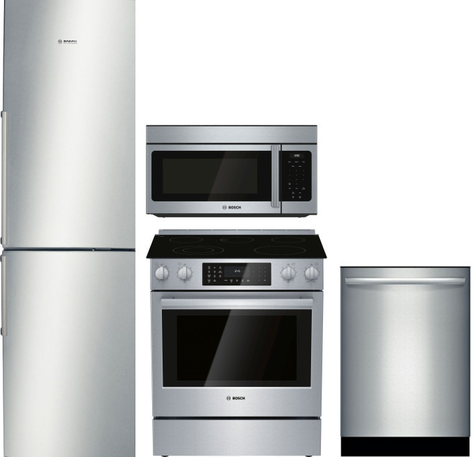 Bosch 500 4 Piece Kitchen Appliances Package with Bottom Freezer Refrigerator, Electric Range, Dishwasher and Over the Range Microwave in Stainless St