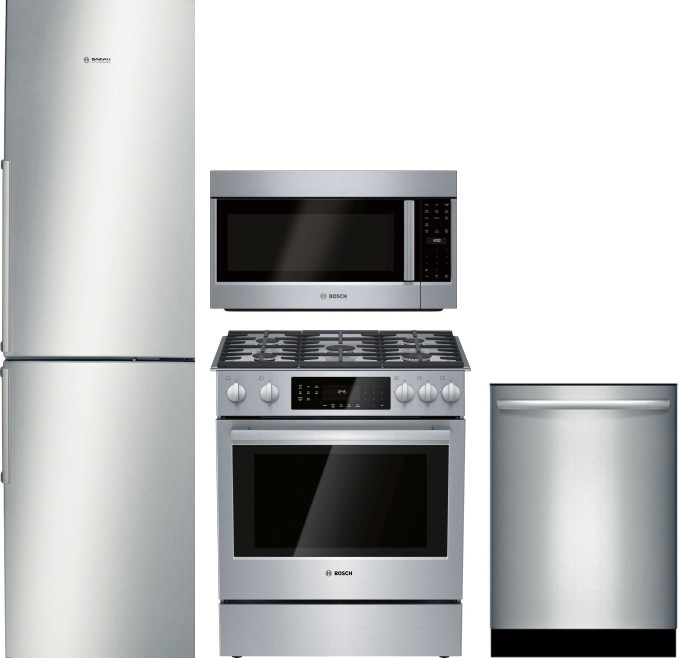 Bosch 500 4 Piece Kitchen Appliances Package with Bottom Freezer Refrigerator, Gas Range, Dishwasher and Over the Range Microwave in Stainless Steel B