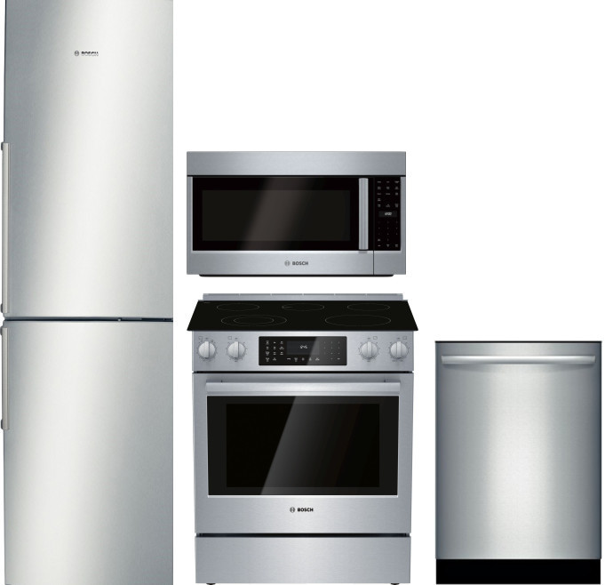 Bosch 500 4 Piece Kitchen Appliances Package with Bottom Freezer Refrigerator, Electric Range, Dishwasher and Over the Range Microwave in Stainless St