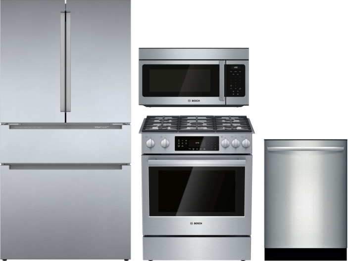 Bosch 800 4 Piece Kitchen Appliances Package with French Door Refrigerator, Gas Range, Over the Range Microwave and Dishwasher in Stainless Steel BORE