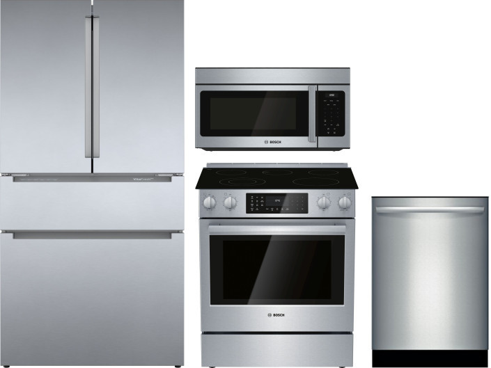 Bosch 800 4 Piece Kitchen Appliances Package with French Door Refrigerator, Electric Range, Over the Range Microwave and Dishwasher in Stainless Steel