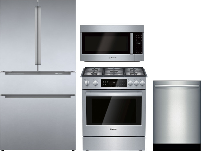 Bosch 800 4 Piece Kitchen Appliances Package with French Door Refrigerator, Gas Range, Over the Range Microwave and Dishwasher in Stainless Steel BORE