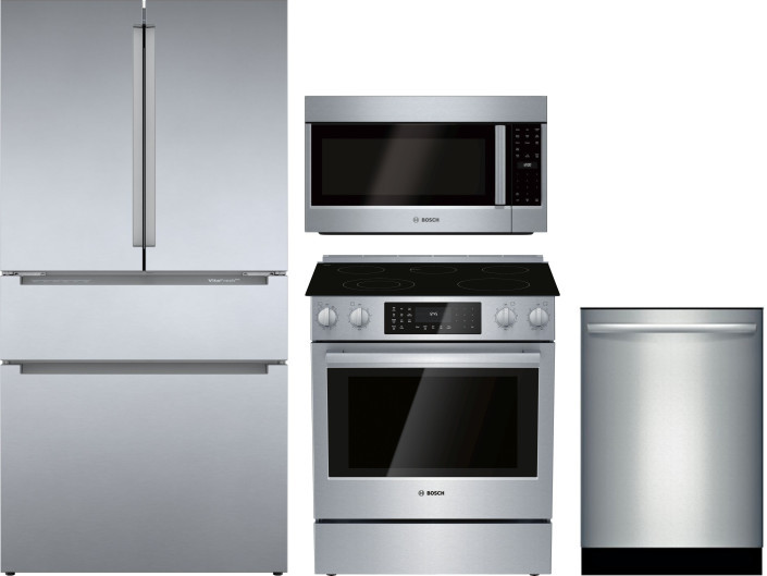 Bosch 800 4 Piece Kitchen Appliances Package with French Door Refrigerator, Electric Range, Over the Range Microwave and Dishwasher in Stainless Steel