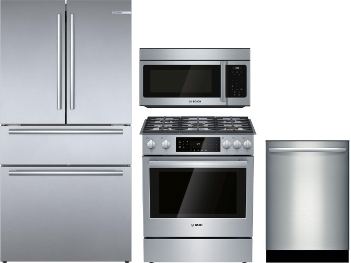 Bosch 800 4 Piece Kitchen Appliances Package with French Door Refrigerator, Gas Range, Over the Range Microwave and Dishwasher in Stainless Steel BORE