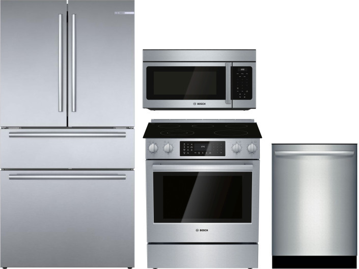 Bosch 800 4 Piece Kitchen Appliances Package with French Door Refrigerator, Electric Range, Over the Range Microwave and Dishwasher in Stainless Steel