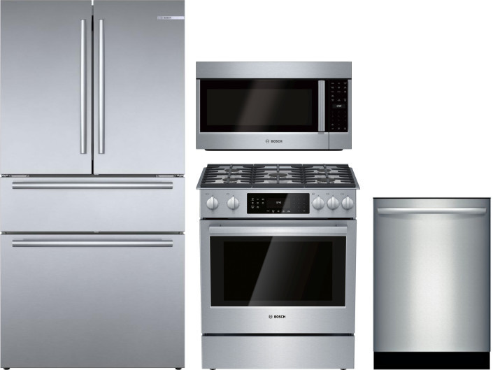 Bosch 800 4 Piece Kitchen Appliances Package with French Door Refrigerator, Gas Range, Over the Range Microwave and Dishwasher in Stainless Steel BORE
