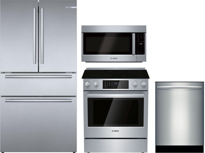 Bosch 800 4 Piece Kitchen Appliances Package with French Door Refrigerator, Electric Range, Over the Range Microwave and Dishwasher in Stainless Steel
