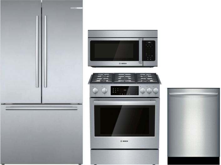 Bosch 800 4 Piece Kitchen Appliances Package with French Door Refrigerator, Gas Range, Over the Range Microwave and Dishwasher in Stainless Steel BORE