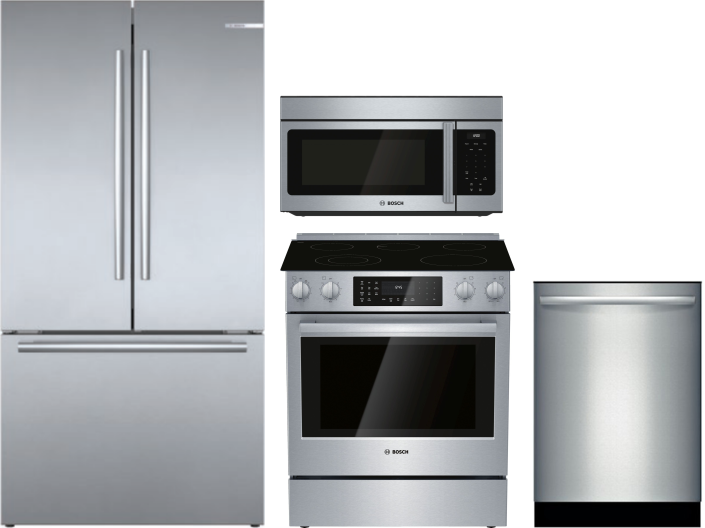 Bosch 800 4 Piece Kitchen Appliances Package with French Door Refrigerator, Electric Range, Over the Range Microwave and Dishwasher in Stainless Steel