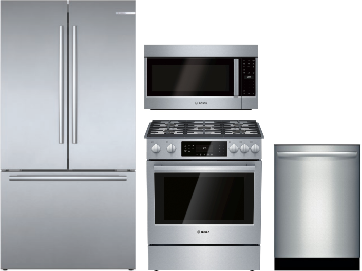 Bosch 800 4 Piece Kitchen Appliances Package with French Door Refrigerator, Gas Range, Over the Range Microwave and Dishwasher in Stainless Steel BORE