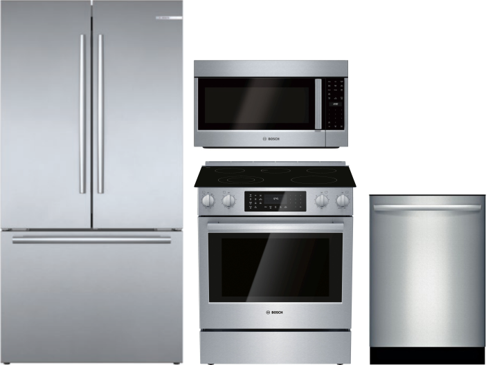 Bosch 800 4 Piece Kitchen Appliances Package with French Door Refrigerator, Electric Range, Over the Range Microwave and Dishwasher in Stainless Steel