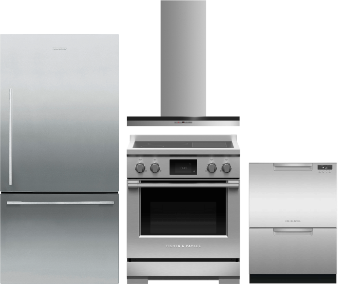 Fisher & Paykel 4 Piece Kitchen Appliances Package with Bottom Freezer Refrigerator, Induction Range and Dishwasher in Stainless Steel FPRERADWRH3000