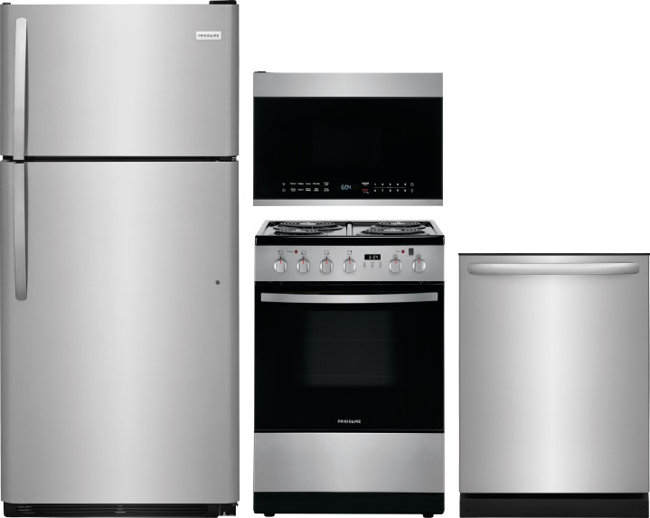 Frigidaire 4 Piece Kitchen Appliances Package with Top Freezer Refrigerator, Electric Range, Over the Range Microwave and Dishwasher in Stainless Stee