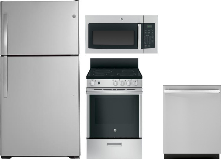 GE 4 Piece Kitchen Appliances Package with Top Freezer Refrigerator, Electric Range, Dishwasher and Over the Range Microwave in Stainless Steel GERERA