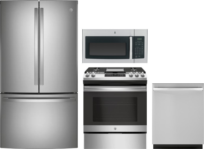 GE 4 Piece Kitchen Appliances Package with French Door Refrigerator, Gas Range, Dishwasher and Over the Range Microwave in Stainless Steel GERERADWMW6