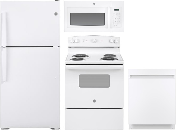 GE 4 Piece Kitchen Appliances Package with Top Freezer Refrigerator, Electric Range, Dishwasher and Over the Range Microwave in White GERERADWMW6708 -  GTE19DTNRWW