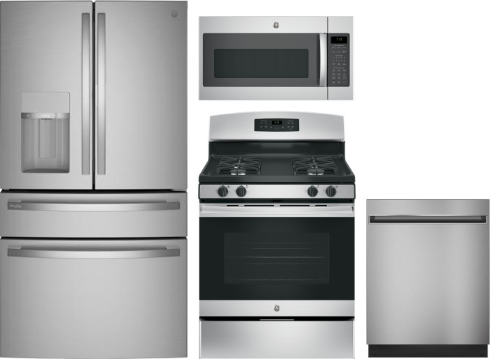 GE 4 Piece Kitchen Appliances Package with French Door Refrigerator, Gas Range, Dishwasher and Over the Range Microwave in Stainless Steel GERERADWMW6