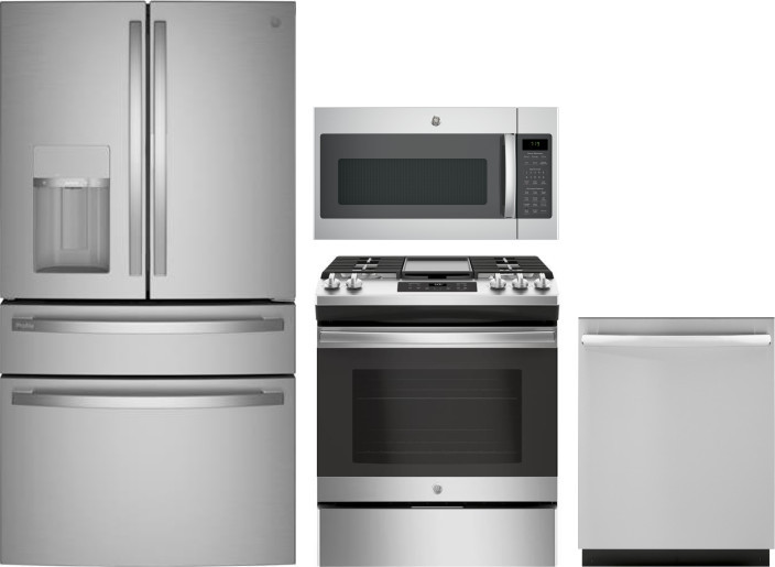 GE 4 Piece Kitchen Appliances Package with French Door Refrigerator, Gas Range, Dishwasher and Over the Range Microwave in Stainless Steel GERERADWMW6