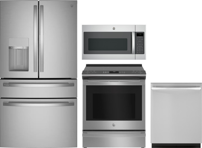 GE Profile 4 Piece Kitchen Appliances Package with French Door Refrigerator, Electric Range, Dishwasher and Over the Range Microwave in Stainless Stee
