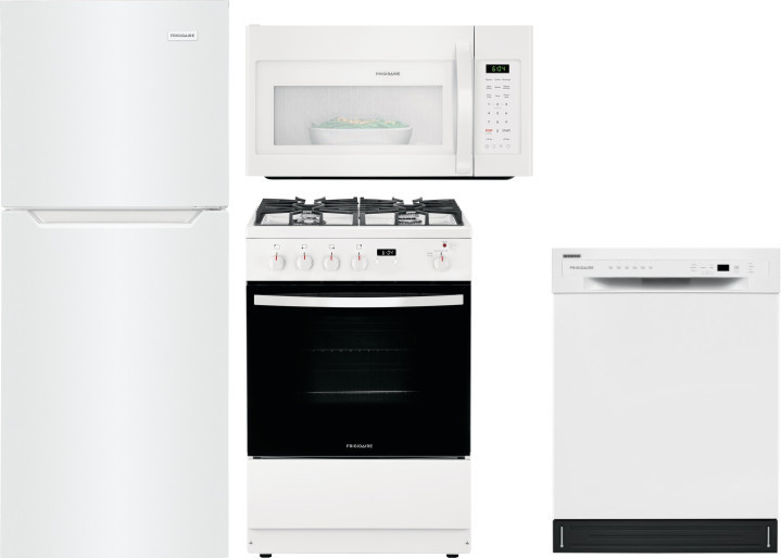 Frigidaire 4 Piece Kitchen Appliances Package with Top Freezer Refrigerator, Gas Range, Over the Range Microwave and Dishwasher in White FRRERADWMW430