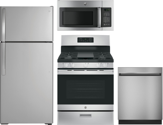 GE 4 Piece Kitchen Appliances Package with Top Freezer Refrigerator, Gas Range, Dishwasher and Over the Range Microwave in Stainless Steel GERERADWMW6