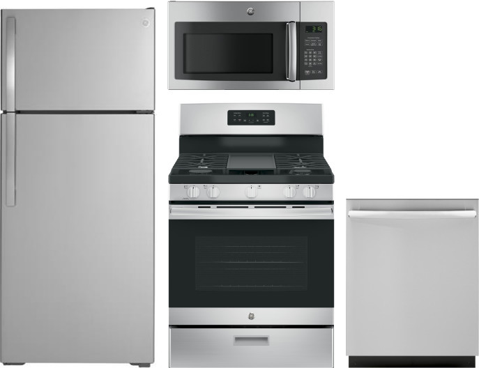 GE 4 Piece Kitchen Appliances Package with Top Freezer Refrigerator, Gas Range, Dishwasher and Over the Range Microwave in Stainless Steel GERERADWMW6