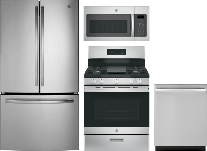 GE 4 Piece Kitchen Appliances Package with French Door Refrigerator, Gas Range, Dishwasher and Over the Range Microwave in Stainless Steel GERERADWMW6
