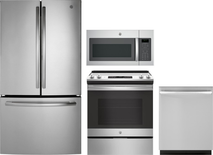 GE 4 Piece Kitchen Appliances Package with French Door Refrigerator, Electric Range, Dishwasher and Over the Range Microwave in Stainless Steel GERERA