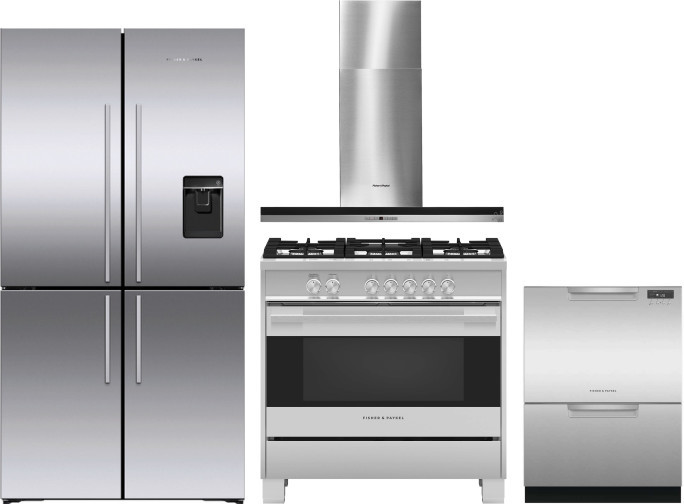 Fisher & Paykel 4 Piece Kitchen Appliances Package with French Door Refrigerator, Gas Range and Dishwasher in Stainless Steel FPRERADWRH4215