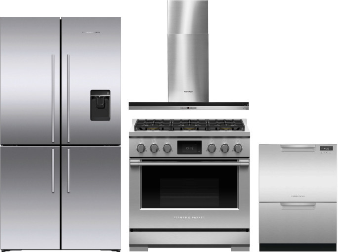 Fisher & Paykel 4 Piece Kitchen Appliances Package with French Door Refrigerator, Dual Fuel Range and Dishwasher in Stainless Steel FPRERADWRH4217