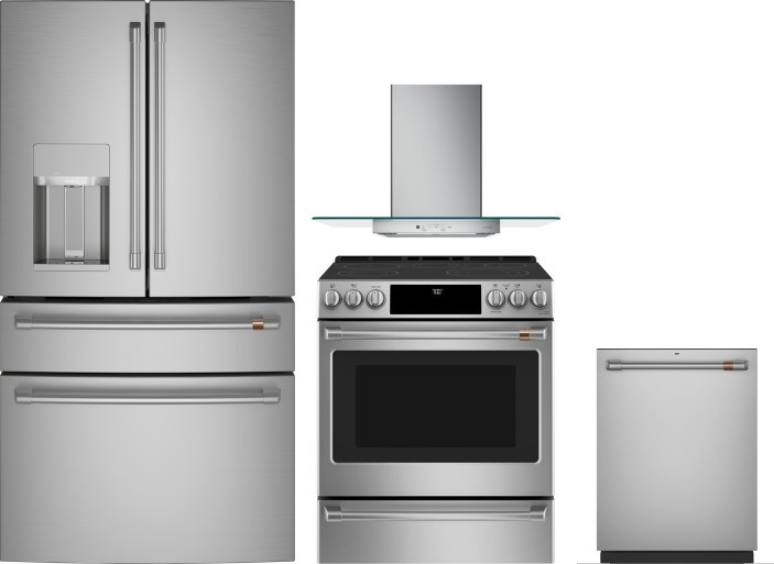 Cafe 4 Piece Kitchen Appliances Package with French Door Refrigerator, Electric Range and Dishwasher in Stainless Steel CAFRERADWMW810