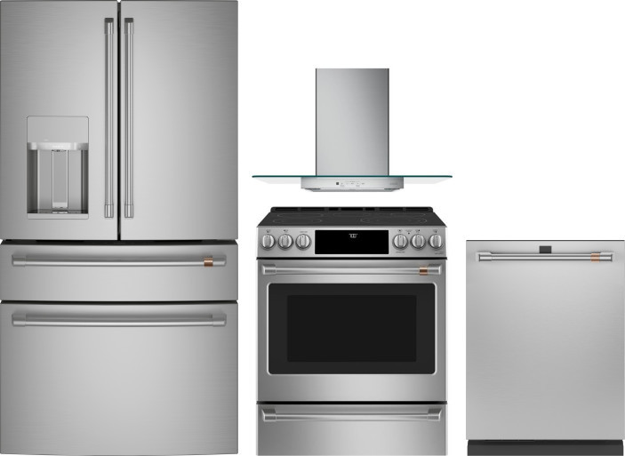 Cafe 4 Piece Kitchen Appliances Package with French Door Refrigerator, Electric Range and Dishwasher in Stainless Steel CAFRERADWMW814