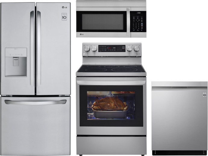 LG 4 Piece Kitchen Appliances Package with French Door Refrigerator, Electric Range, Dishwasher and Over the Range Microwave in Stainless Steel LGRERA