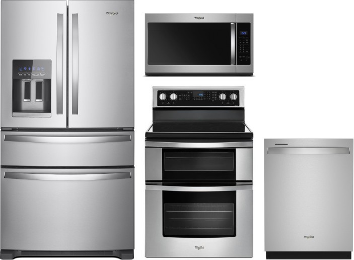 Whirlpool 4 Piece Kitchen Appliances Package with French Door Refrigerator, Electric Range, Dishwasher and Over the Range Microwave in Stainless Steel